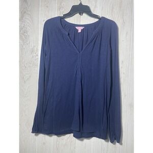 Lilly Pulitzer Lightweight V-Neck Cotton Linen Pullover Sweater Small Navy Blue
